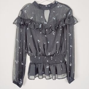 English Factory Women's Medium Floral Ruffle Sheer Long Sleeve Blouse Grunge